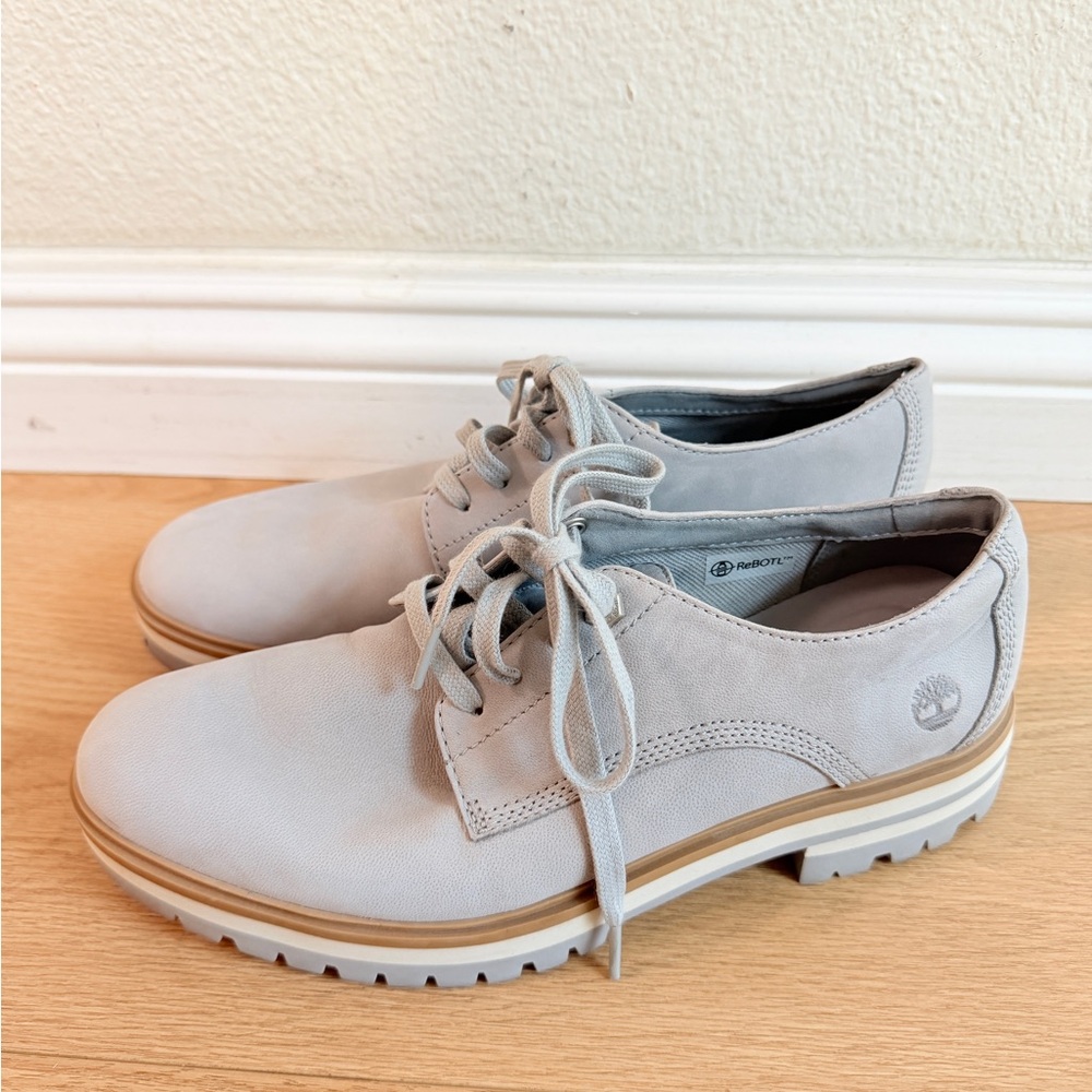 Timberland Gray Leather Oxford Lug Sole Shoes Women’s Size 8.5 Lace Up - Picture 1 of 8